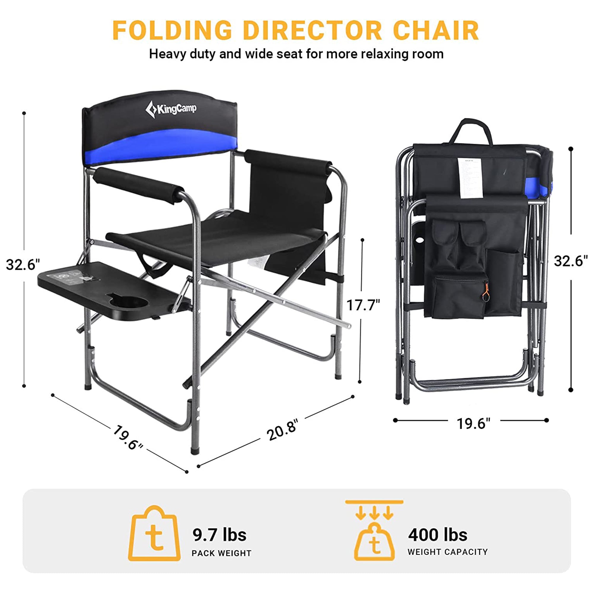 KingCamp Outdoor Folding Chair w/ Table & Pockets, Black/Blue (2 Pack) (Used) - VMInnovations