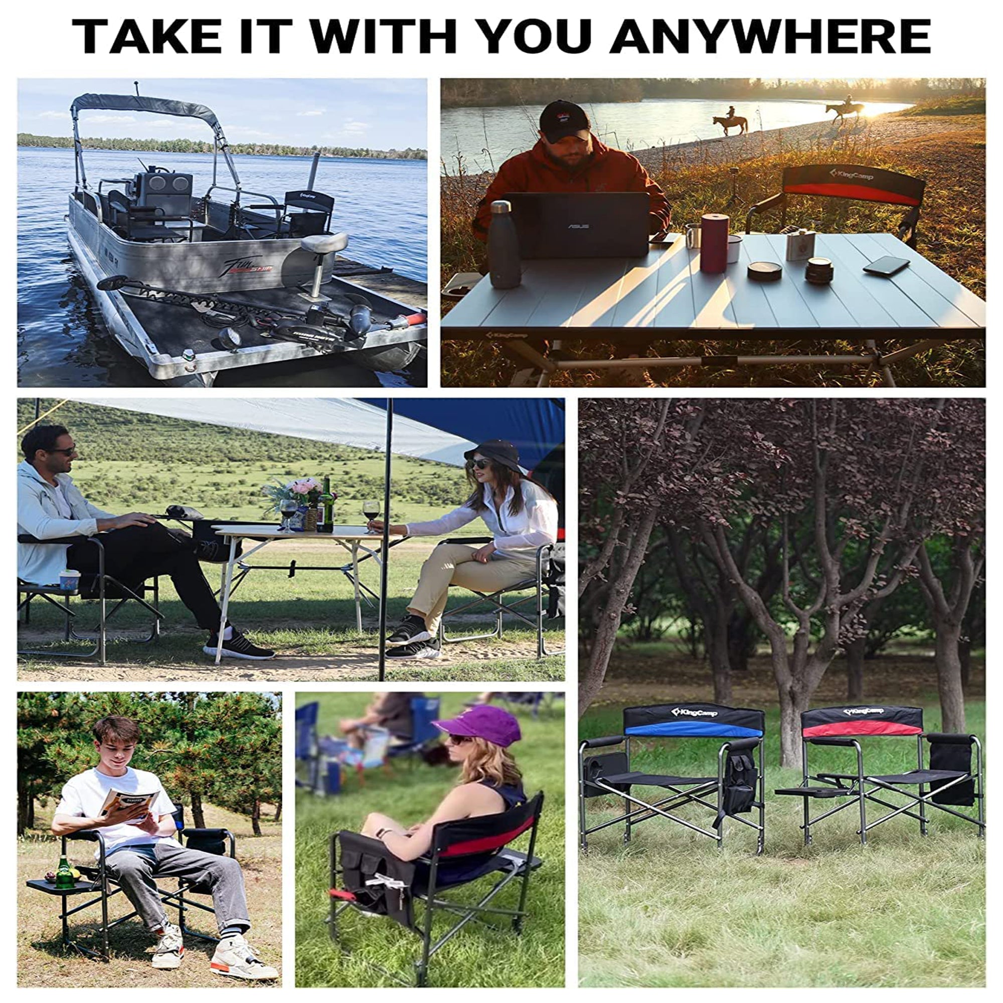 KingCamp Padded Outdoor Folding Chair with Table & Pockets, Black/Blue (2 Pack) - VMInnovations