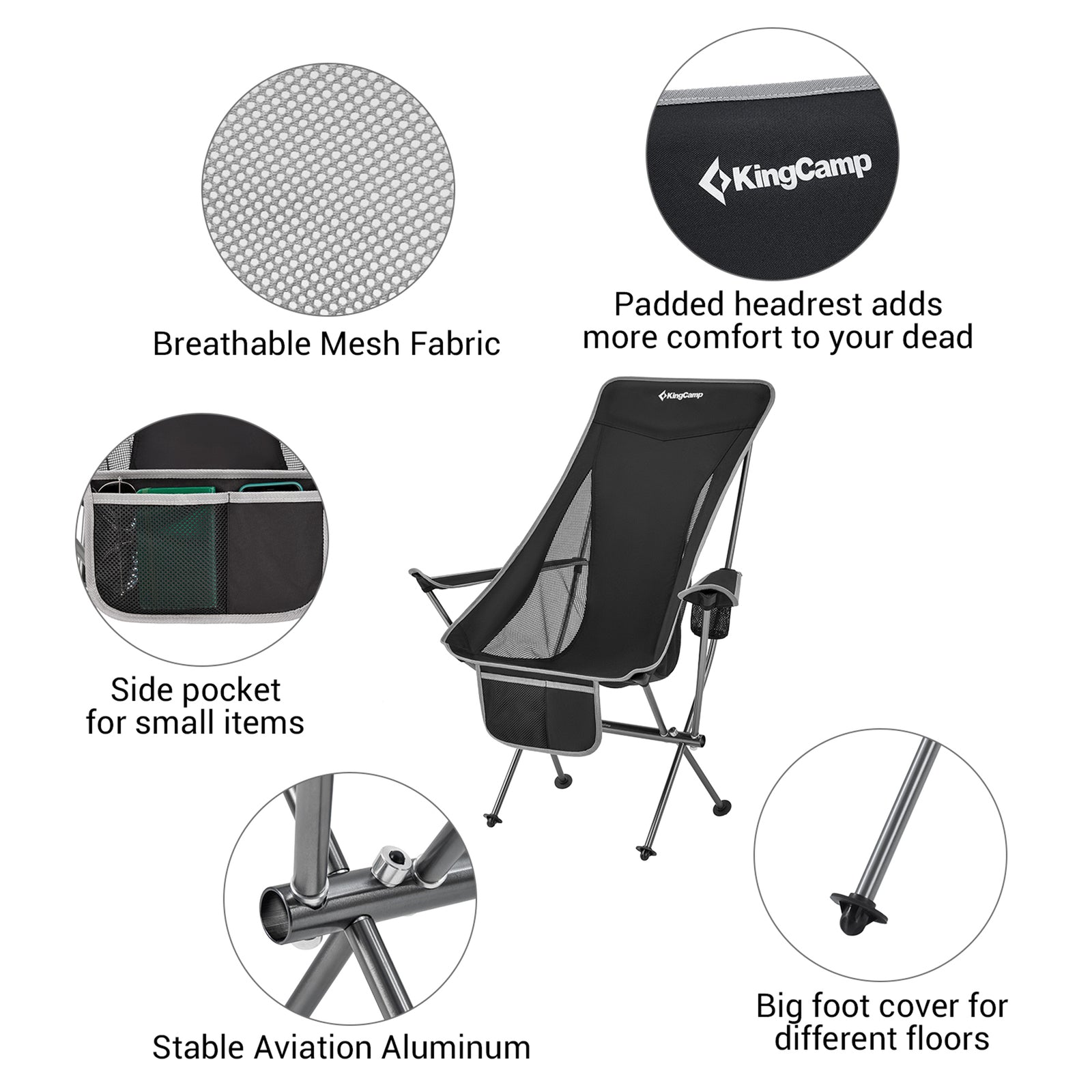 KingCamp Lightweight Highback Camping Chair with Cupholder & Pocket, Black/Grey - VMInnovations
