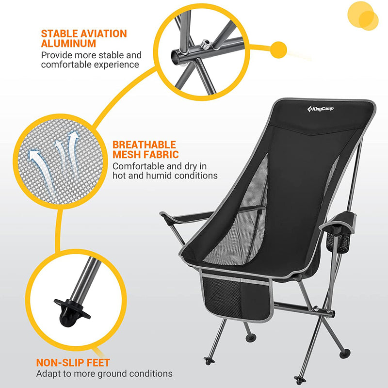 KingCamp Lightweight Highback Camping Chair with Cupholder & Pocket, Black/Grey