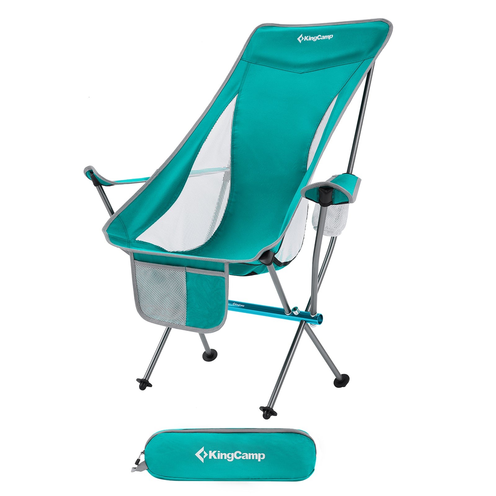 KingCamp Lightweight Highback Camping Lounge Chair with Cupholder & Pocket, Cyan - VMInnovations