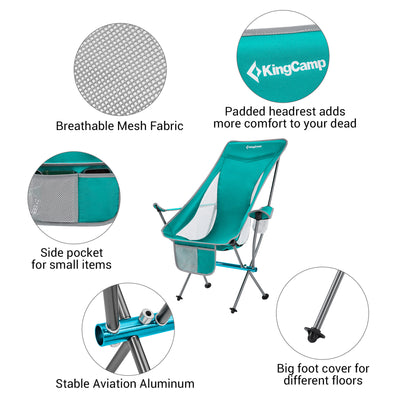 KingCamp Lightweight Highback Camping Lounge Chair with Cupholder & Pocket, Cyan