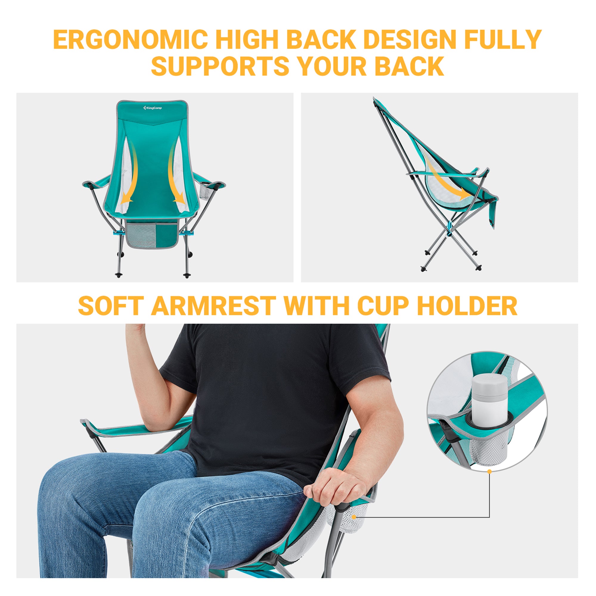 KingCamp Lightweight Highback Camping Lounge Chair, Cyan (Open Box) - VMInnovations