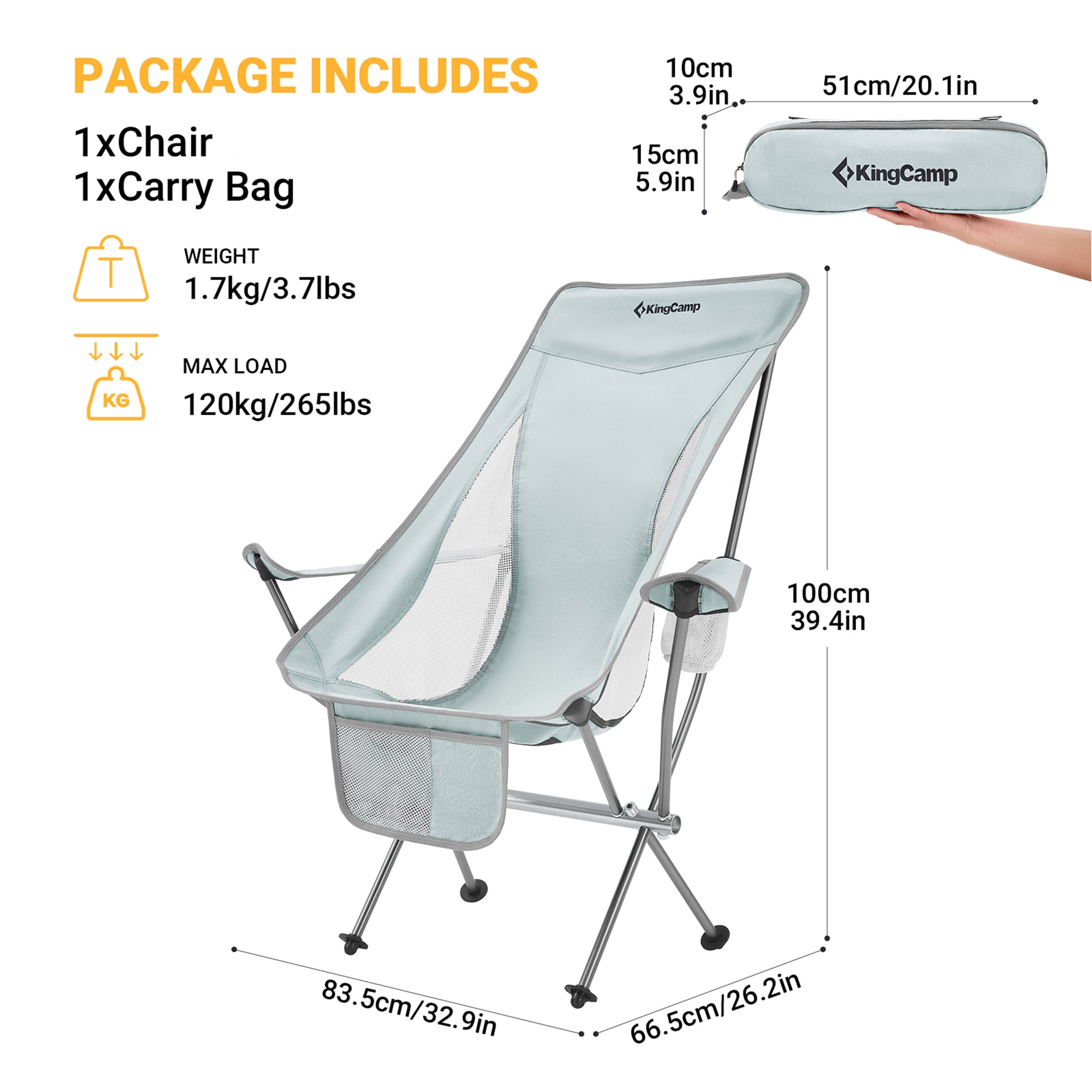 Lightweight Highback Camping Lounge Chair with Cupholder & Pocket, Grey (Used) - VMInnovations