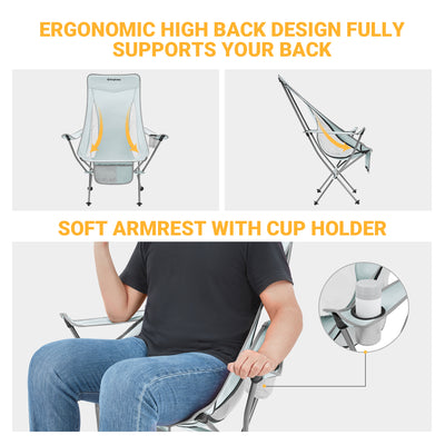 Lightweight Highback Camping Lounge Chair with Cupholder & Pocket, Grey (Used) - VMInnovations