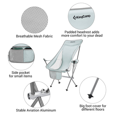 Lightweight Highback Camping Lounge Chair with Cupholder & Pocket, Grey (Used)