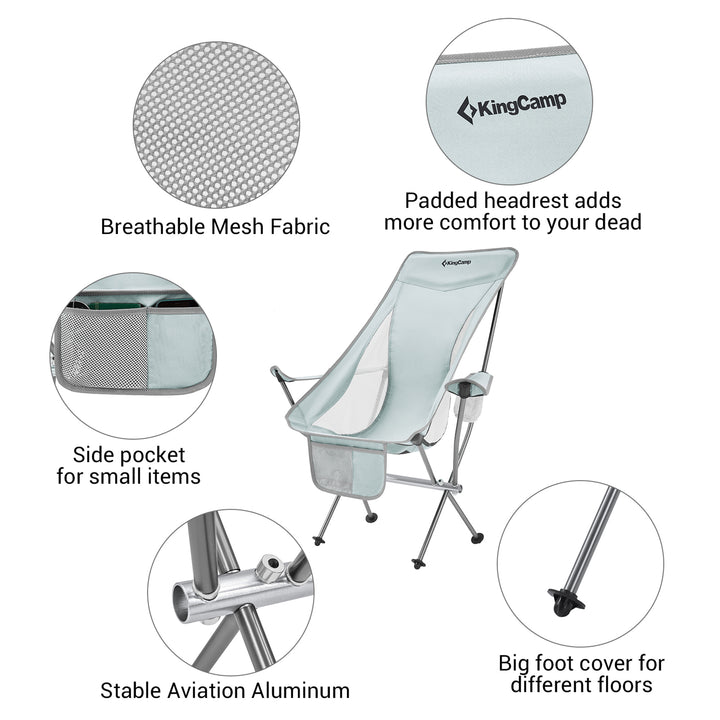 KingCamp Lightweight Highback Camping Lounge Chair with Cupholder & Pocket, Grey