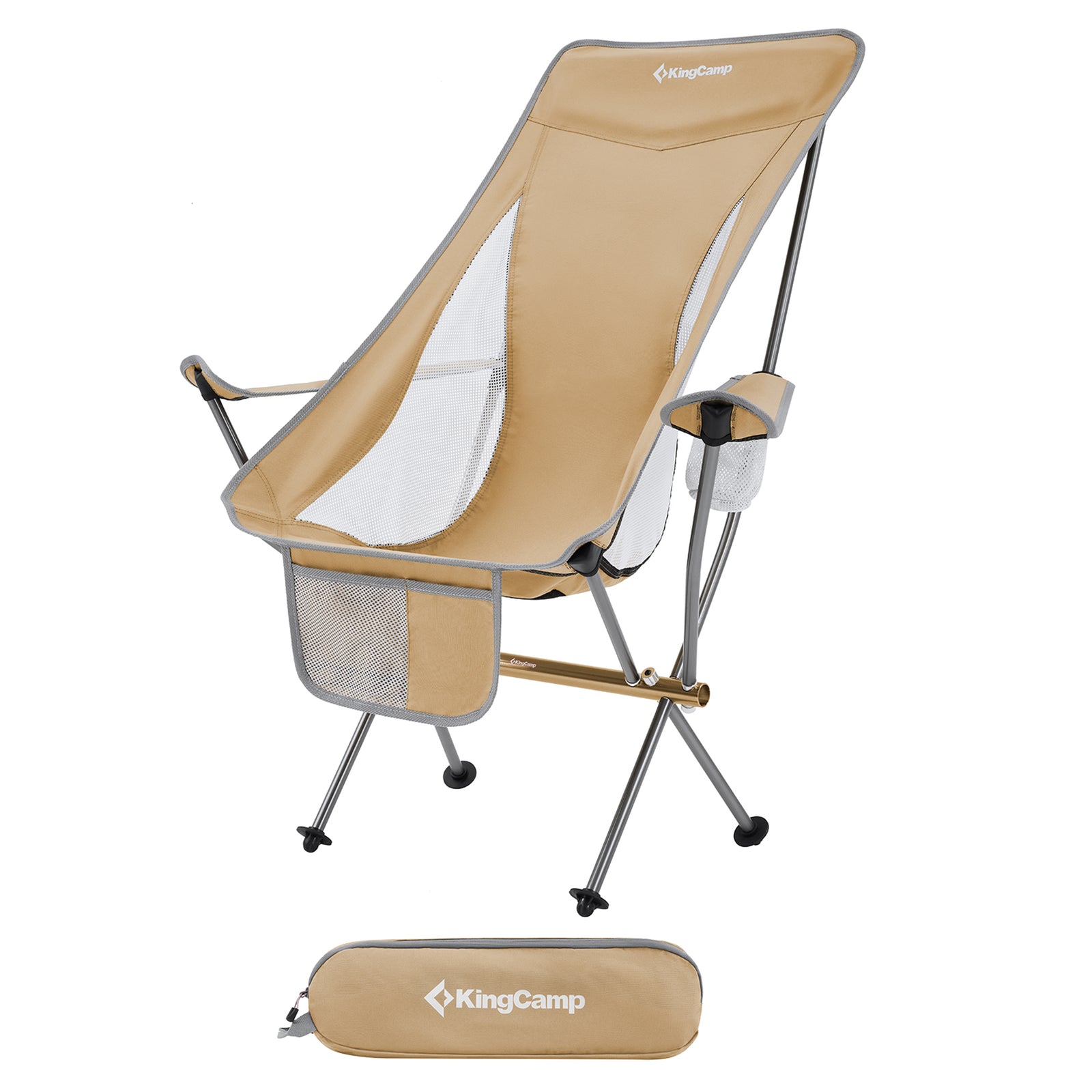 KingCamp Lightweight Highback Camp Lounge Chair with Cupholder & Pocket, Khaki - VMInnovations
