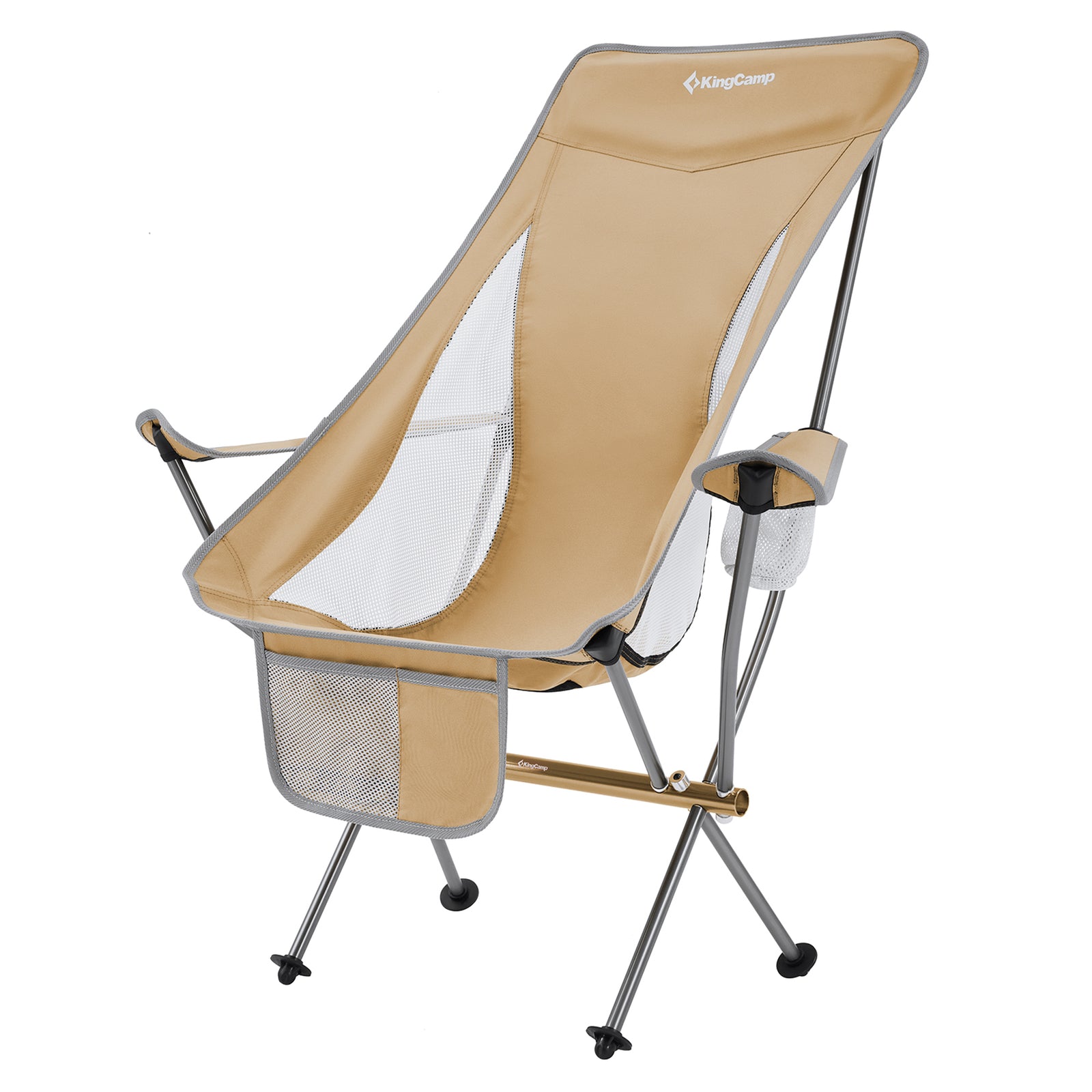 KingCamp Lightweight Highback Camp Lounge Chair with Cupholder & Pocket, Khaki - VMInnovations