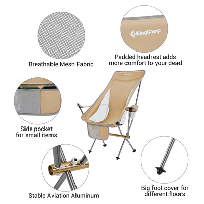 KingCamp Lightweight Highback Camp Chair with Cupholder & Pocket, Khaki (Used) - VMInnovations