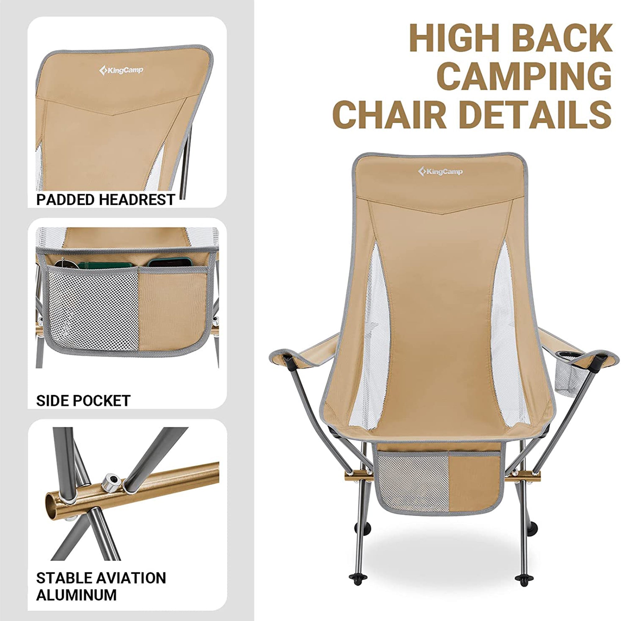 KingCamp Lightweight Highback Camp Chair with Cupholder & Pocket, Khaki (Used) - VMInnovations