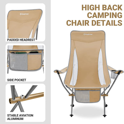 KingCamp Lightweight Highback Camp Chair with Cupholder & Pocket, Khaki (Used)