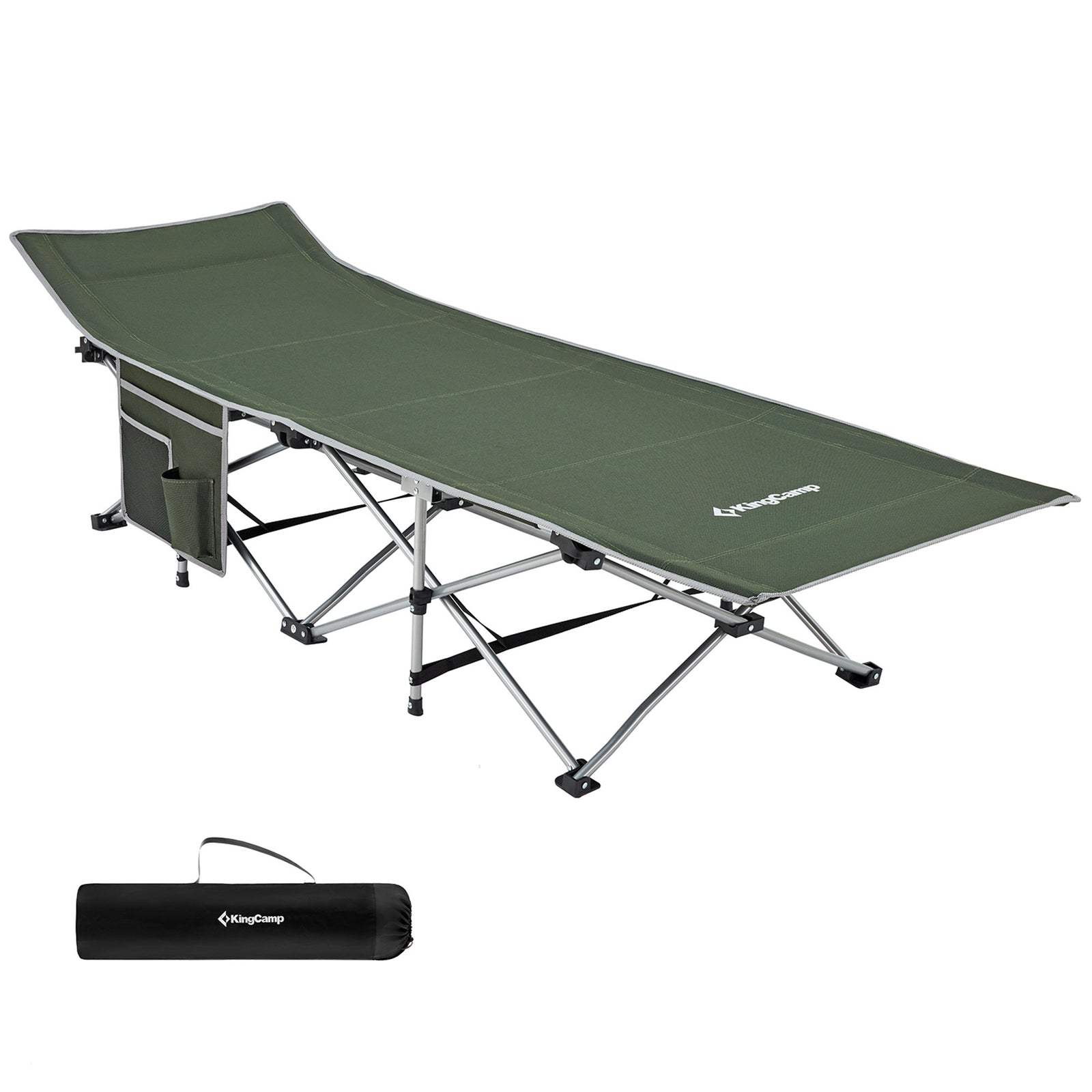 KingCamp Folding Portable Outdoor Camping Cot w/ Multi Layer Side Pocket, Green - VMInnovations