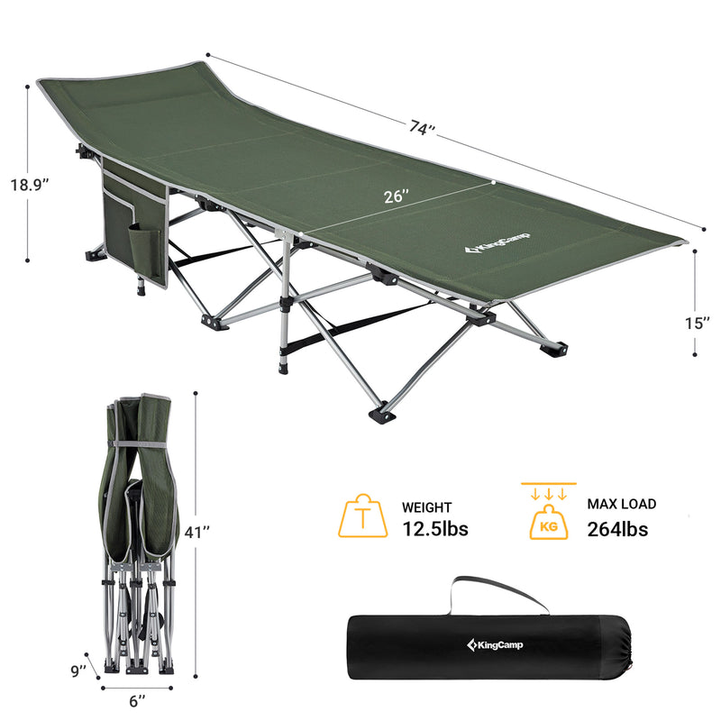 KingCamp Portable Outdoor Camping Cot w/ Multi Layer Side Pocket, Green (Used)