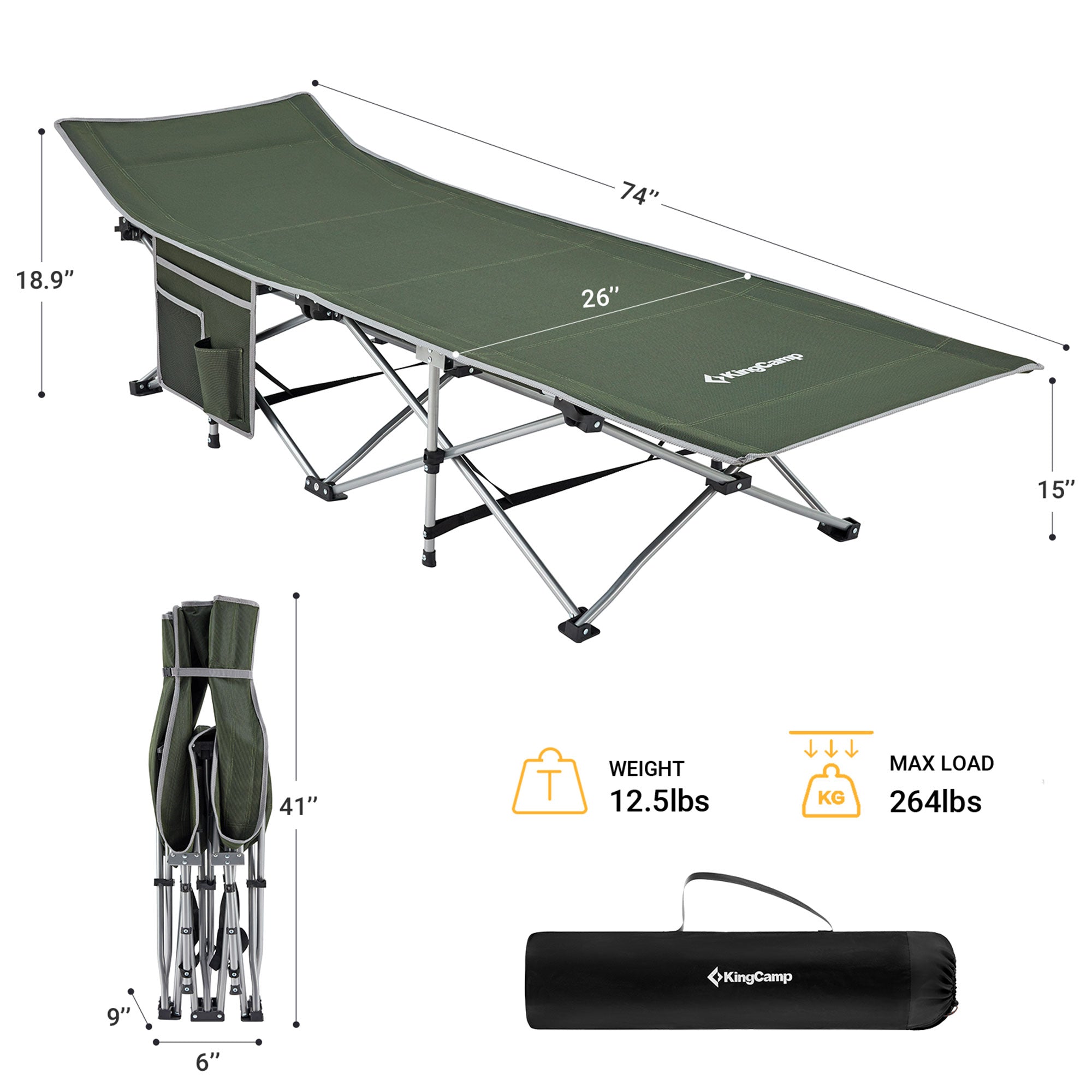KingCamp Portable Outdoor Camping Cot w/ Multi Layer Side Pocket, Green (Used) - VMInnovations