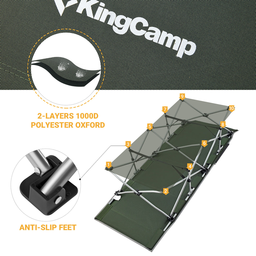 KingCamp Portable Outdoor Camping Cot w/ Multi Layer Side Pocket, Green (Used)