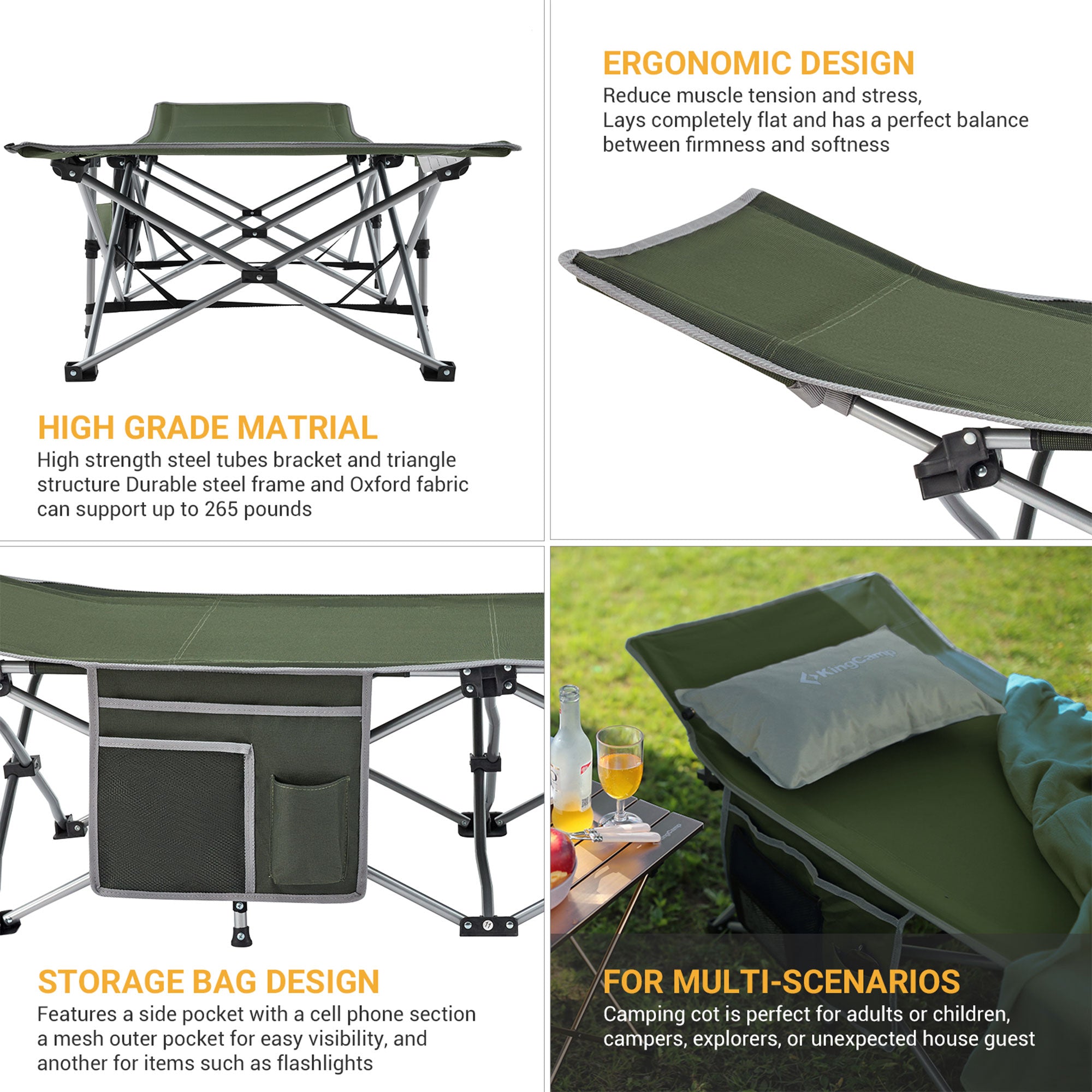KingCamp Portable Outdoor Camping Cot w/ Multi Layer Side Pocket, Green (Used) - VMInnovations
