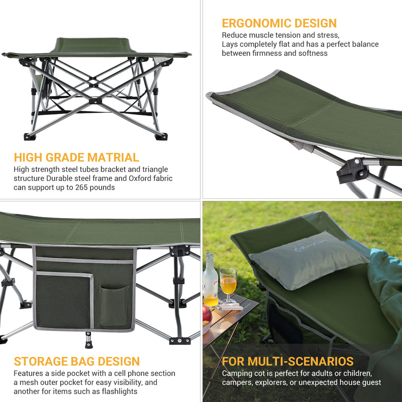 KingCamp Folding Outdoor Camping Cot w/ Multi Layer Side Pocket, Green(Open Box)