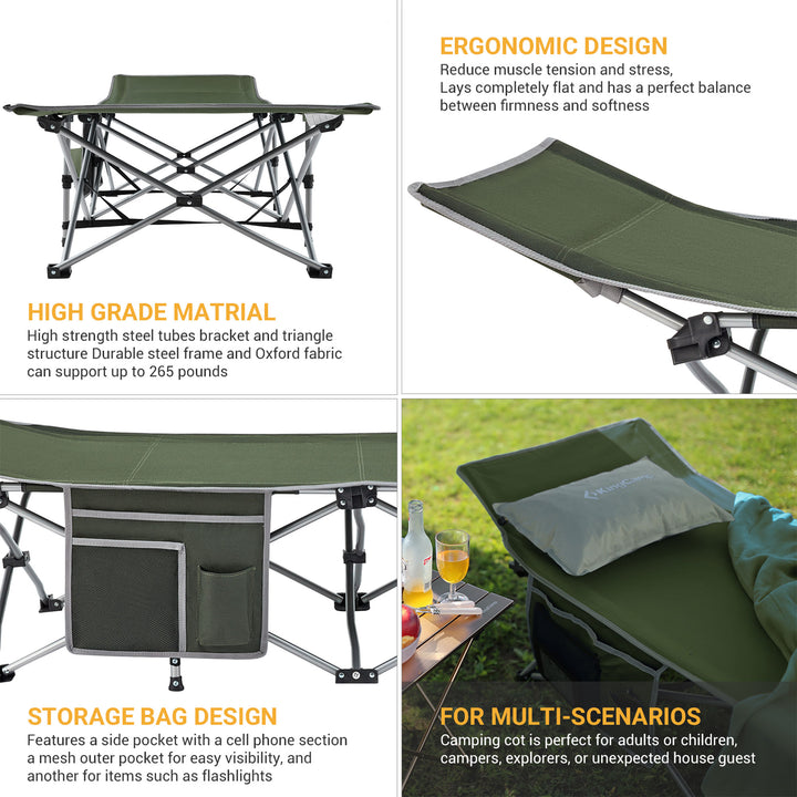 KingCamp Folding Outdoor Camping Cot w/ Multi Layer Side Pocket, Green(Open Box) - VMInnovations