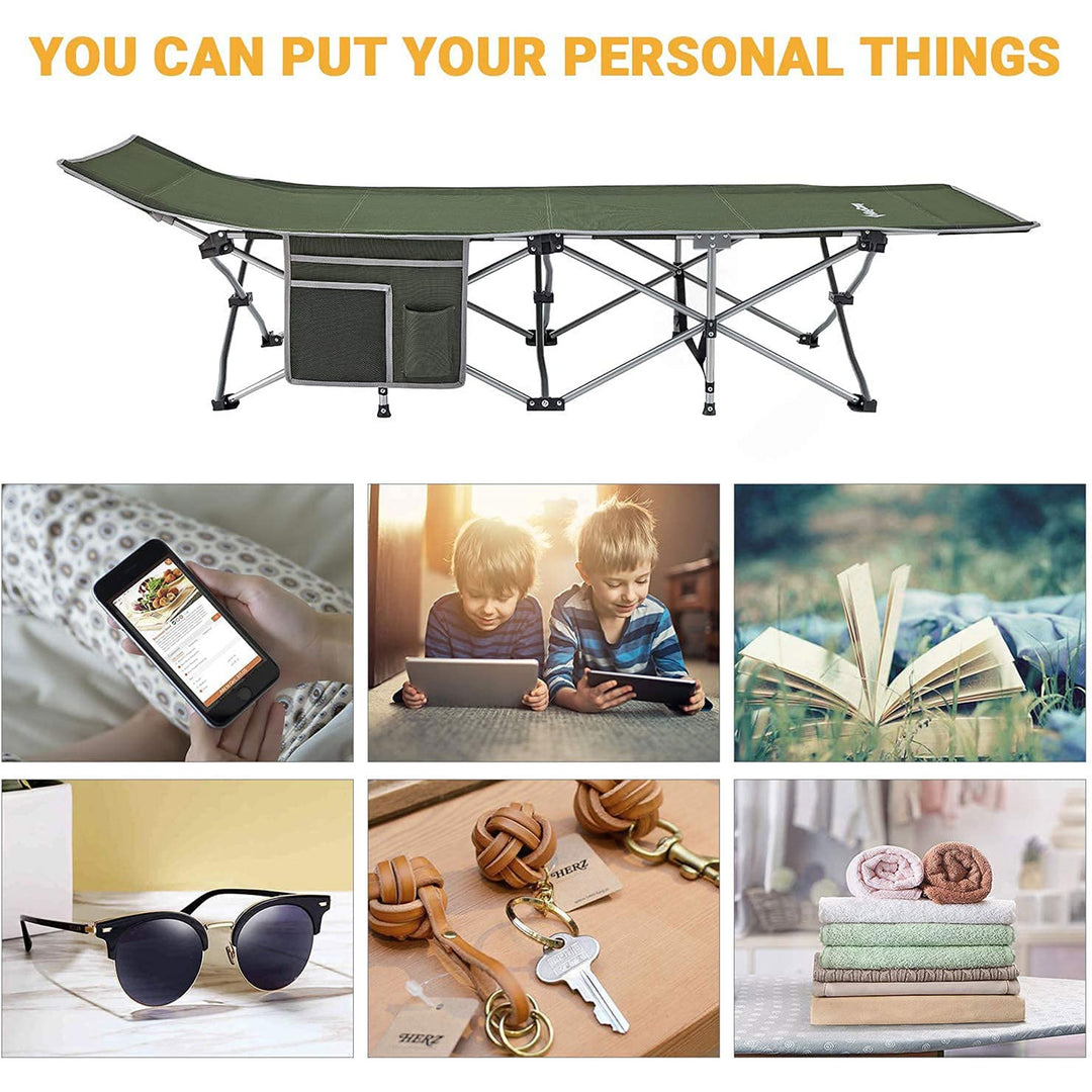 KingCamp Folding Outdoor Camping Cot w/ Multi Layer Side Pocket, Green(Open Box) - VMInnovations