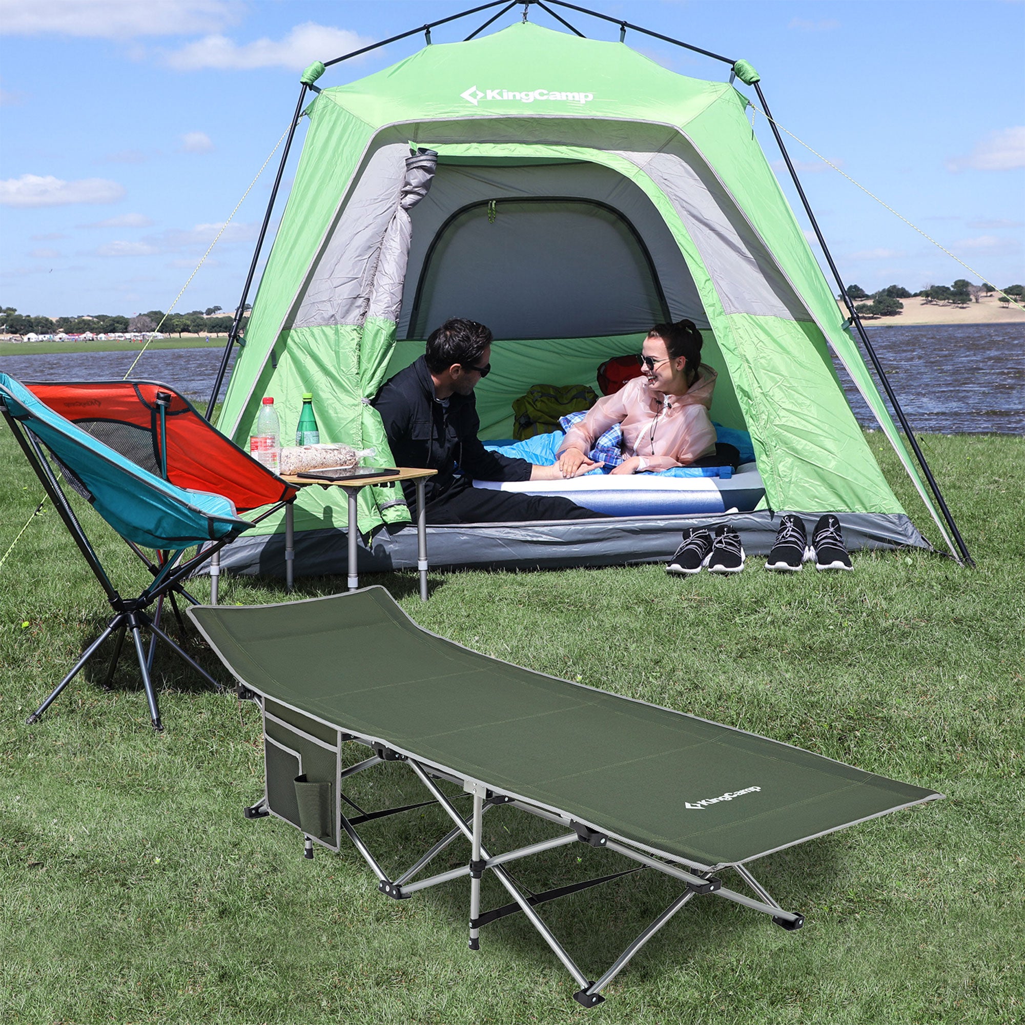 KingCamp Portable Outdoor Camping Cot w/ Multi Layer Side Pocket, Green (Used) - VMInnovations