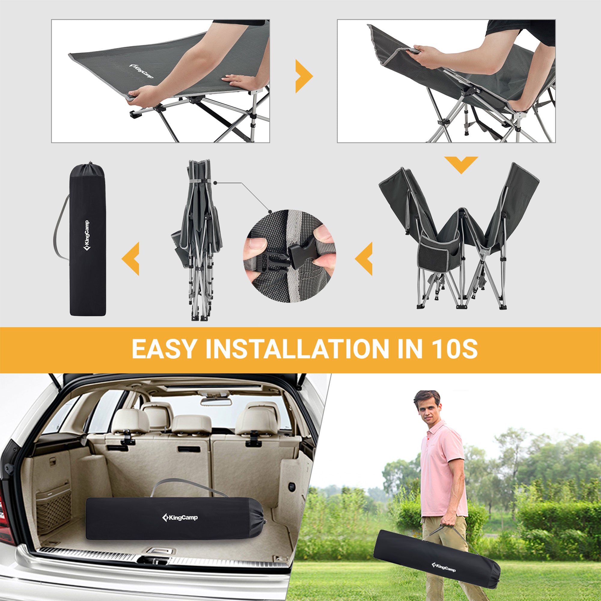 KingCamp Folding Portable Camping Cot w/ Multi Layer Side Pocket, Grey(Open Box) - VMInnovations