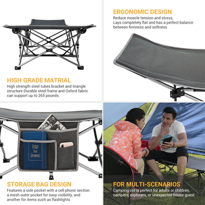 KingCamp Folding Portable Camping Cot w/ Multi Layer Side Pocket, Grey(Open Box)