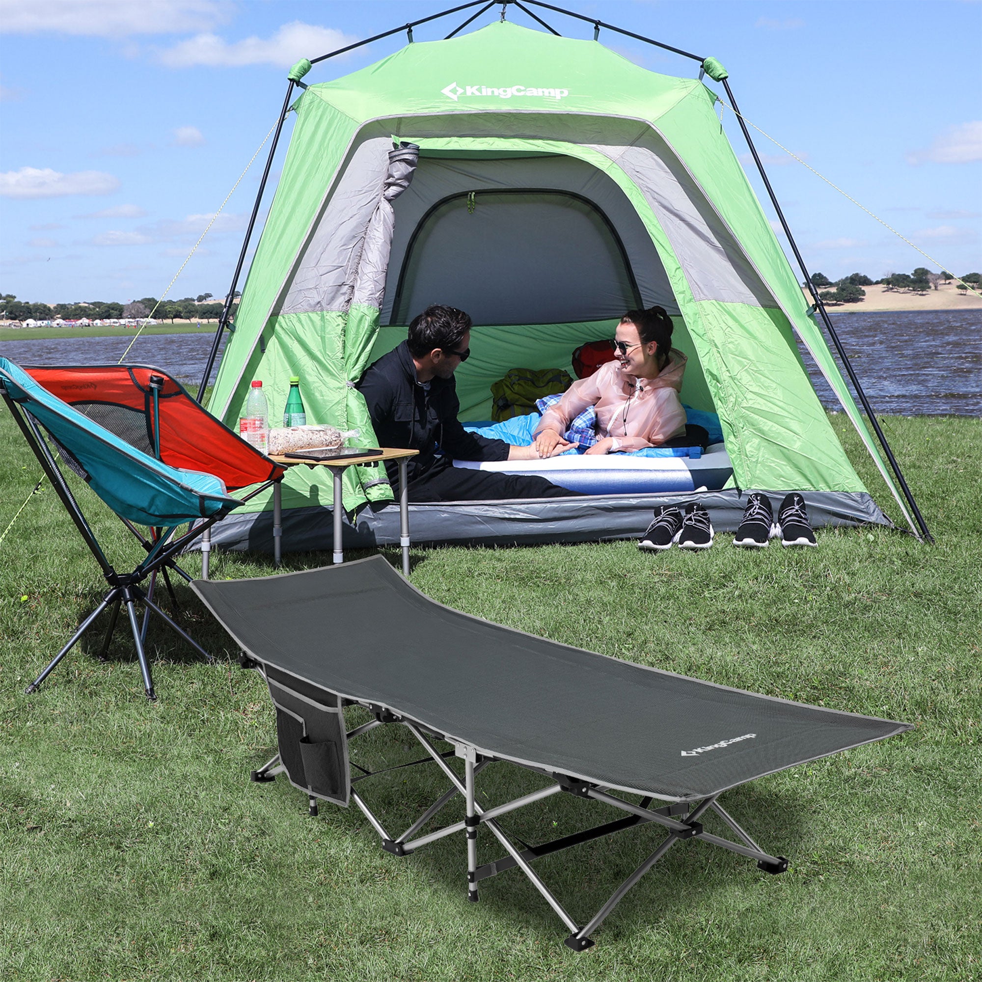 KingCamp Folding Portable Camping Cot w/ Multi Layer Side Pocket, Grey(Open Box) - VMInnovations
