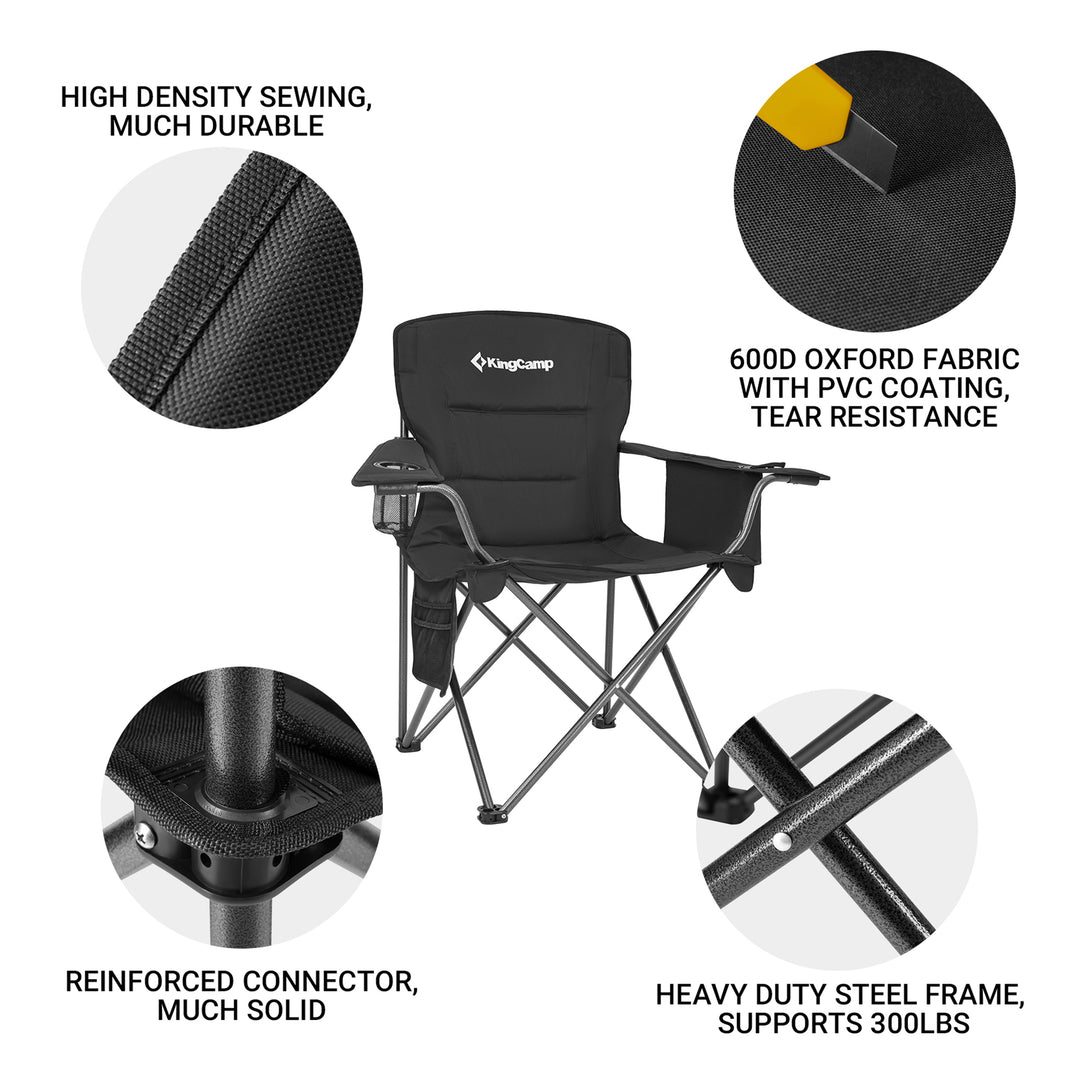 KingCamp Padded Folding Chair with Cupholder, Cooler, and Pocket, Black (2 Pack)