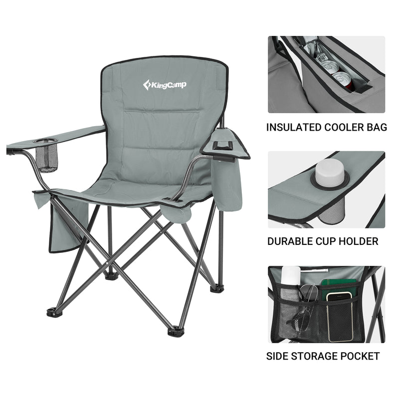 KingCamp Padded Folding Chair with Cupholder, Cooler, and Pocket, Grey (2 Pack)