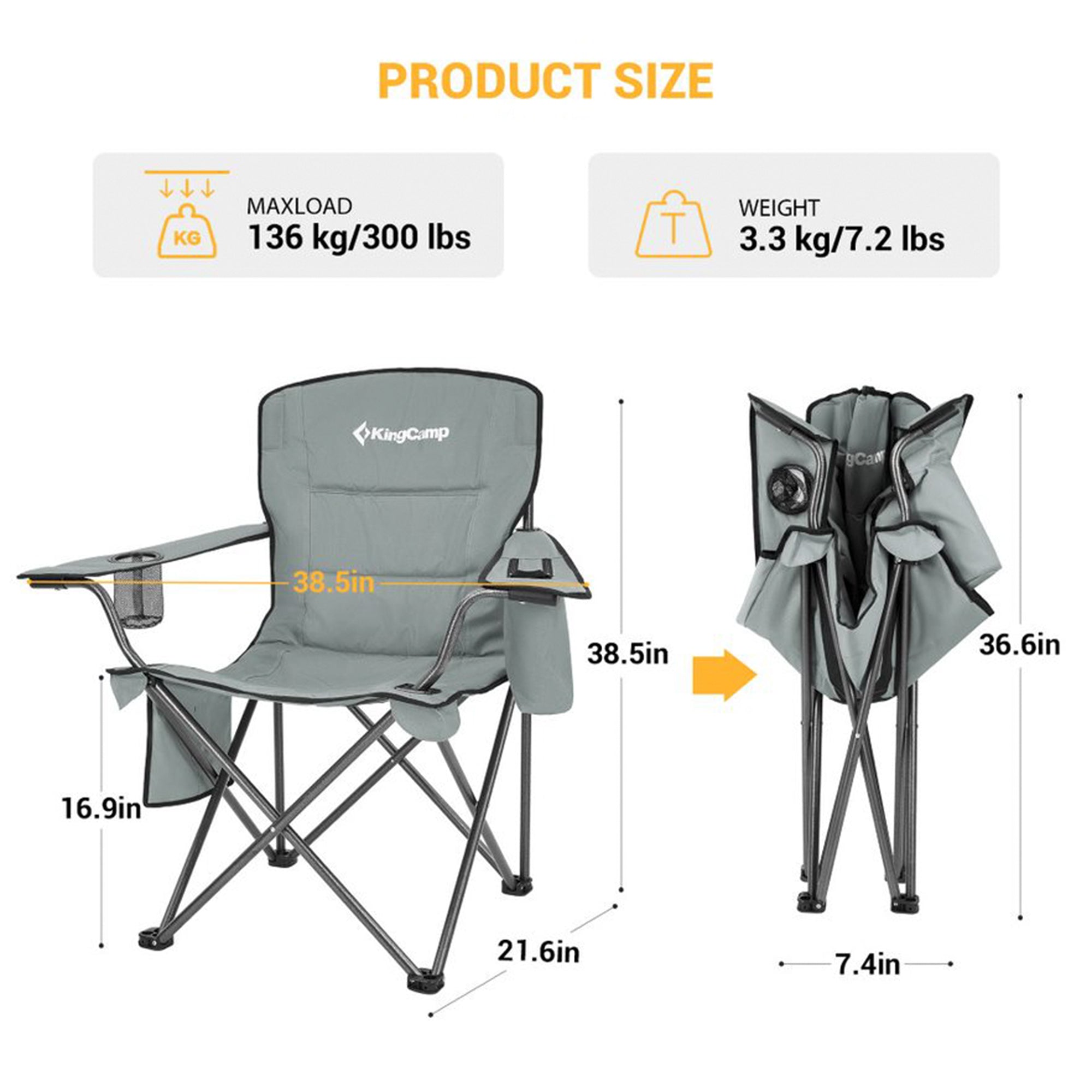 KingCamp Padded Folding Chair w/Cupholder, Cooler, & Pocket, Grey(2pk)(Open Box)