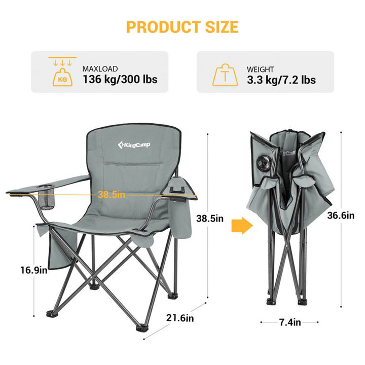 KingCamp Padded Folding Chair w/ Cupholder, Cooler, & Pocket, Grey(2 Pack)(Used)