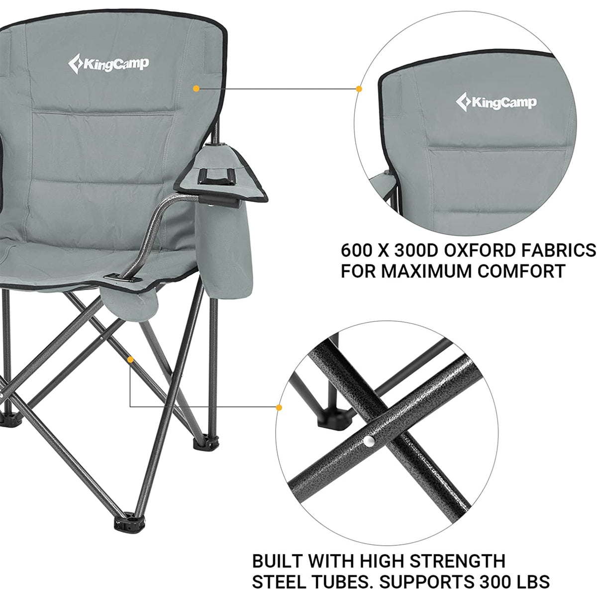KingCamp Padded Folding Chair w/Cupholder, Cooler, & Pocket, Grey(2pk)(Open Box)