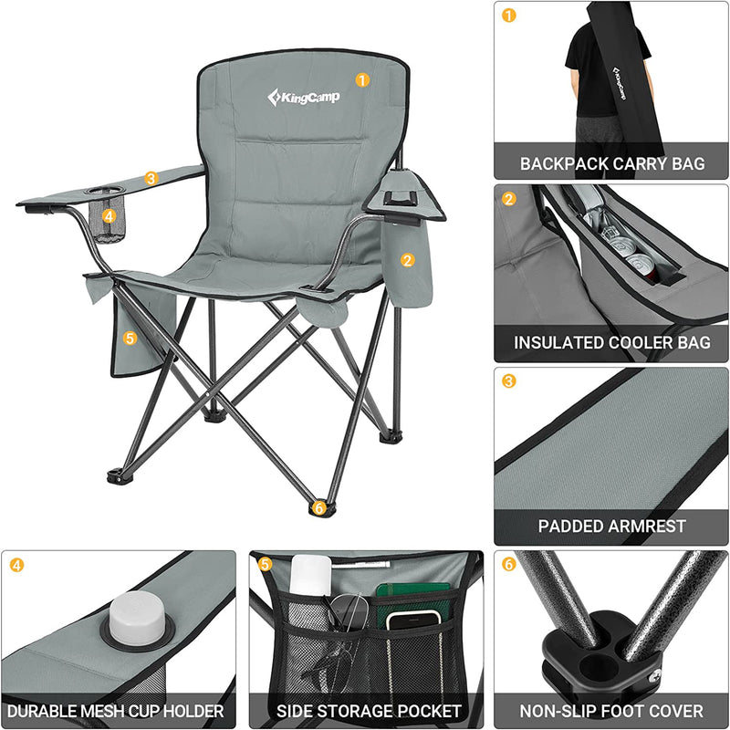 KingCamp Padded Folding Chair w/ Cupholder, Cooler, & Pocket, Grey(2 Pack)(Used)