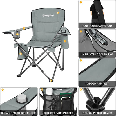 KingCamp Padded Folding Chair with Cupholder, Cooler, and Pocket, Grey (2 Pack)