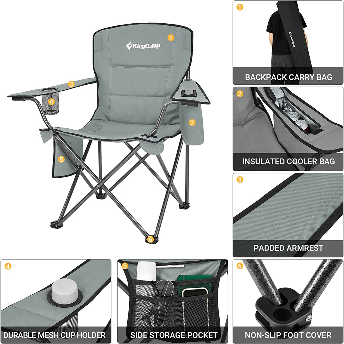 KingCamp Padded Folding Chair w/Cupholder, Cooler, & Pocket, Grey(2pk)(Open Box)