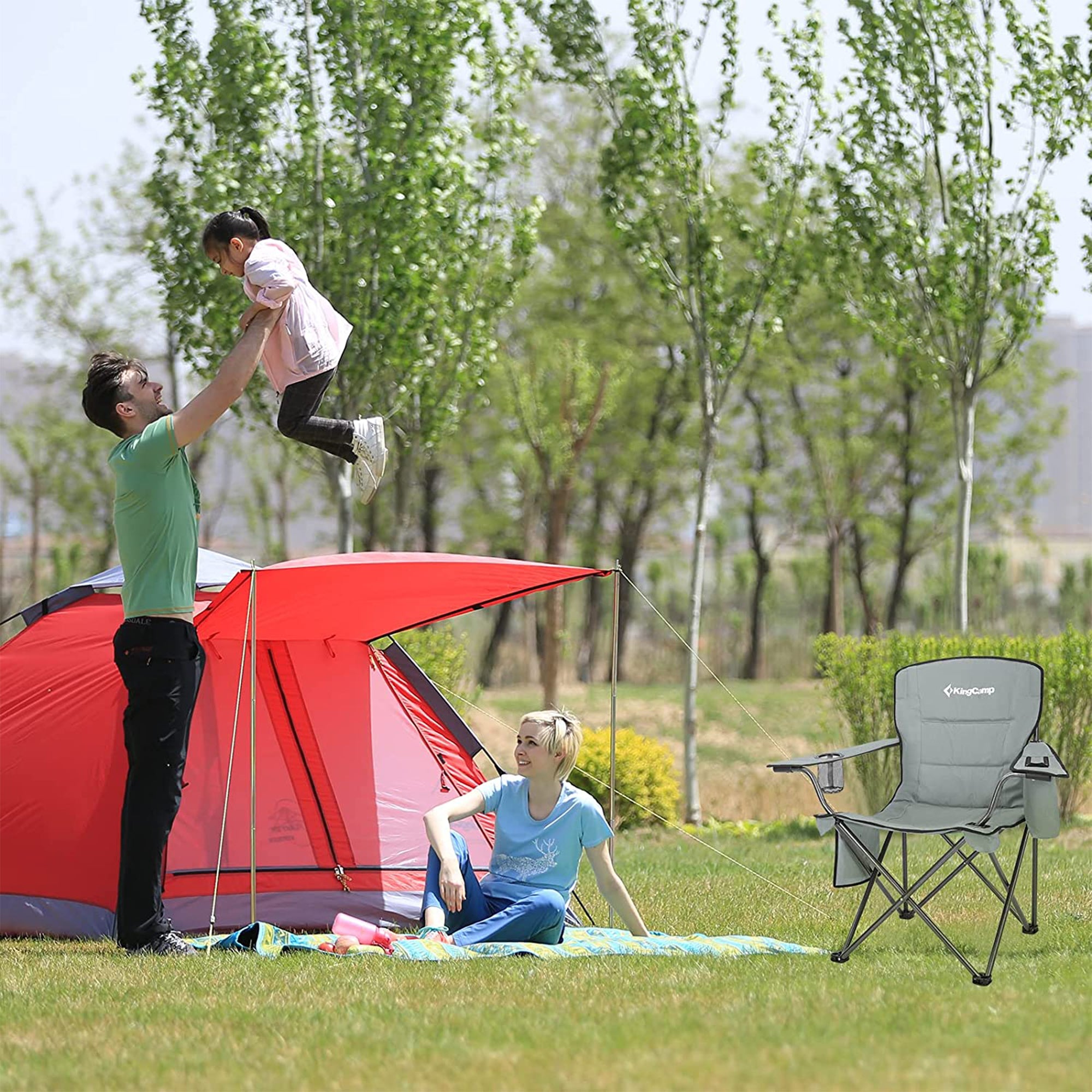 KingCamp Padded Folding Chair with Cupholder, Cooler, and Pocket, Grey (2 Pack) - VMInnovations