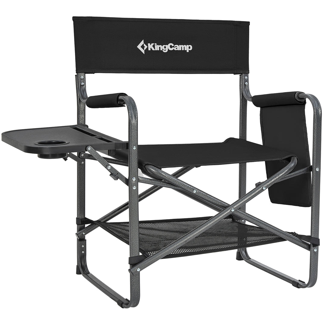 KingCamp Outdoor Folding Director Chair w/ Side Table Bottom Mesh Storage, Black