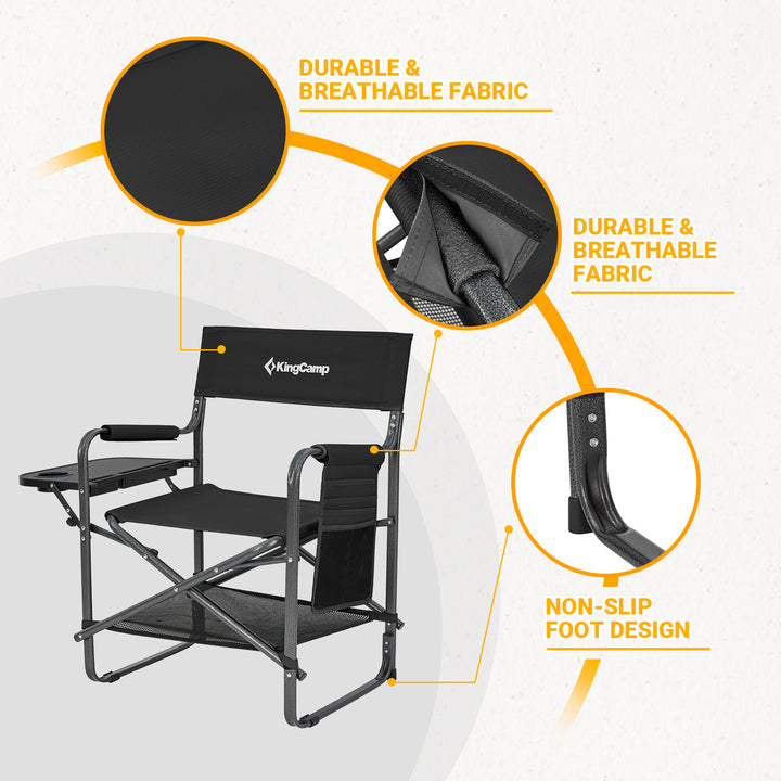 KingCamp Outdoor Folding Director Chair w/ Side Table Bottom Mesh Storage, Black