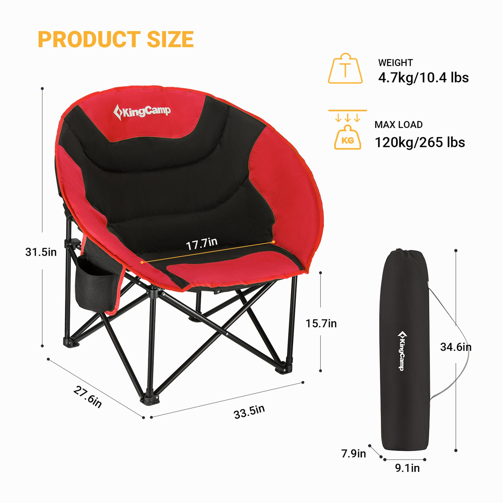KingCamp Foldable Saucer Camping Lounge Chair w/ Cupholder, Black/Red (Open Box) - VMInnovations