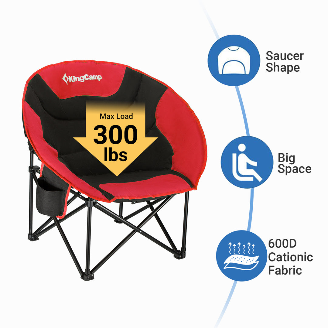 KingCamp Foldable Saucer Camping Lounge Chair with Cupholder Storage, Black/Red