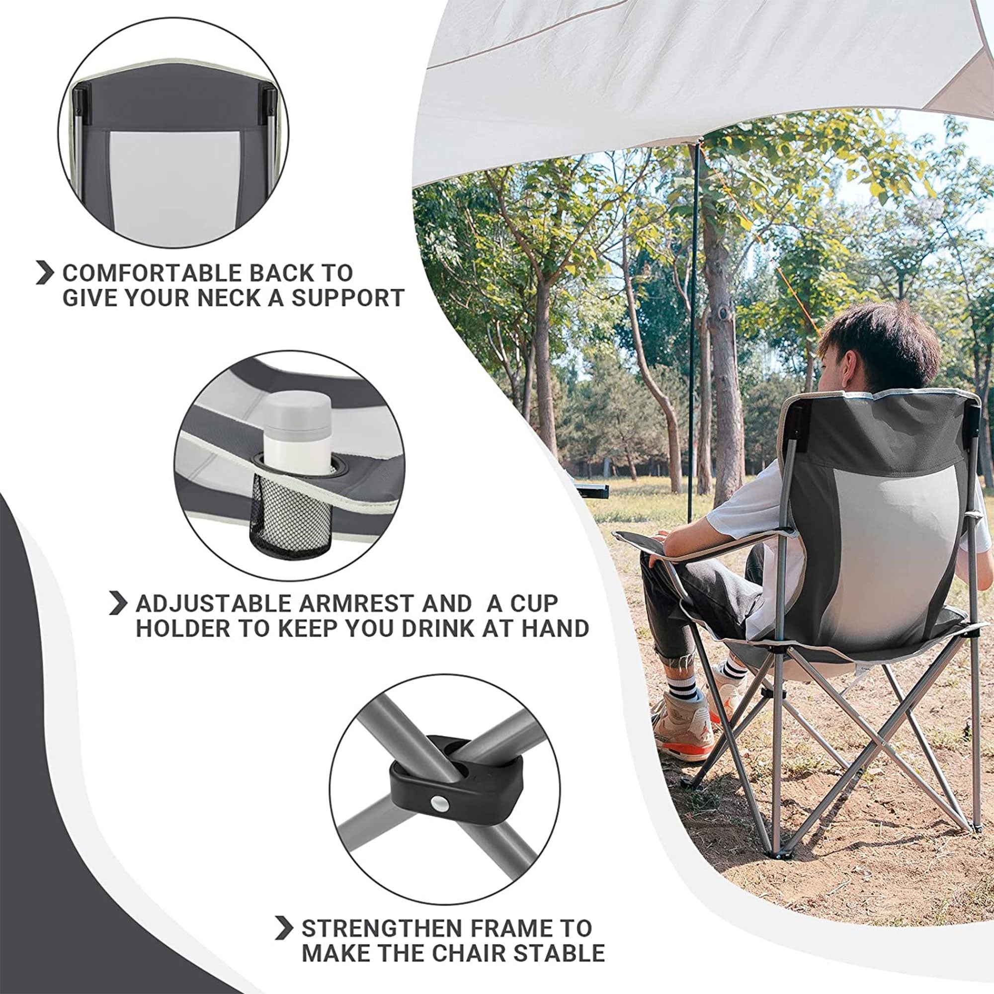 KingCamp Lightweight Folding Chair with Cupholder, Black/Grey (Used) - VMInnovations