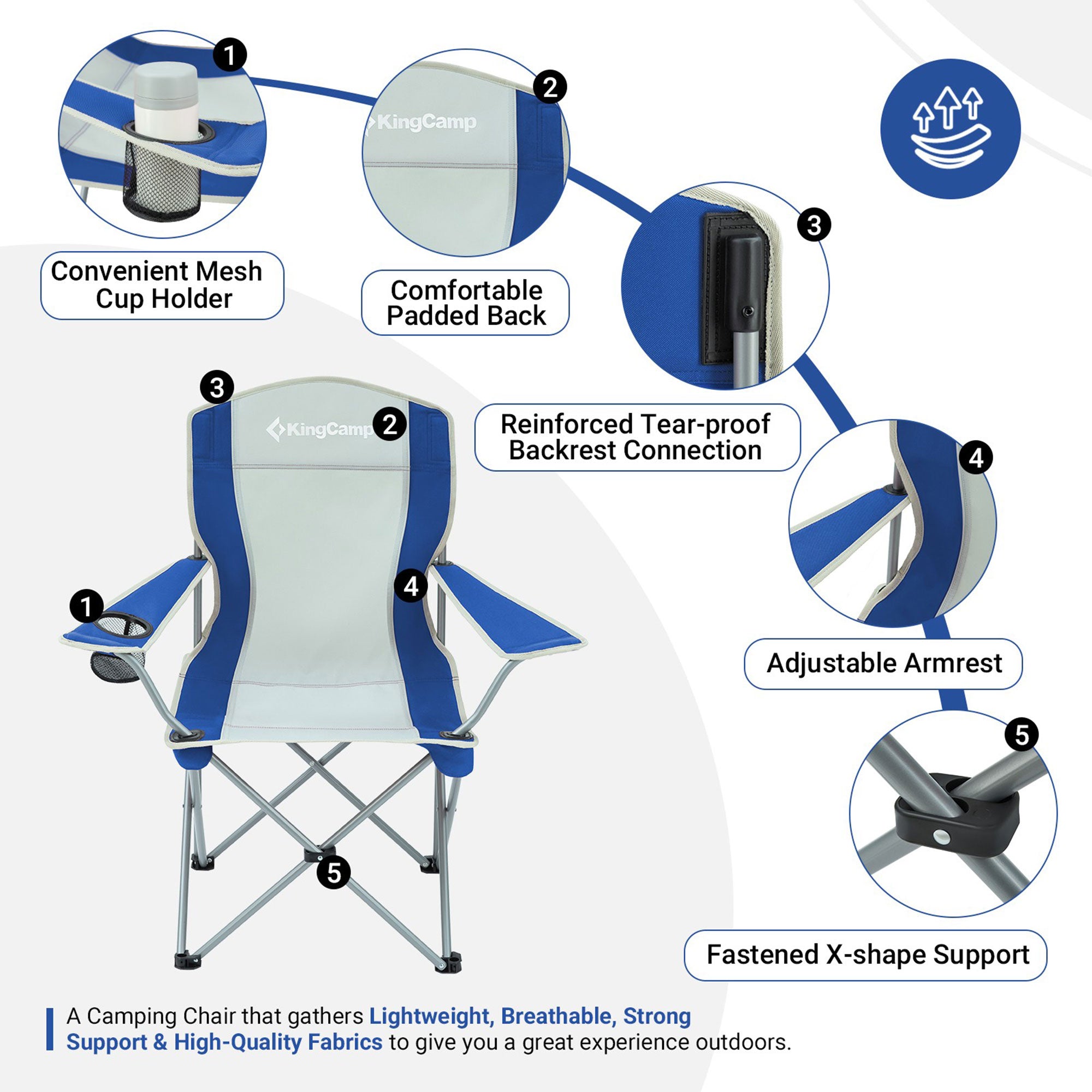KingCamp Lightweight Folding Outdoor Camping Chair with Cupholder, Blue/Grey - VMInnovations
