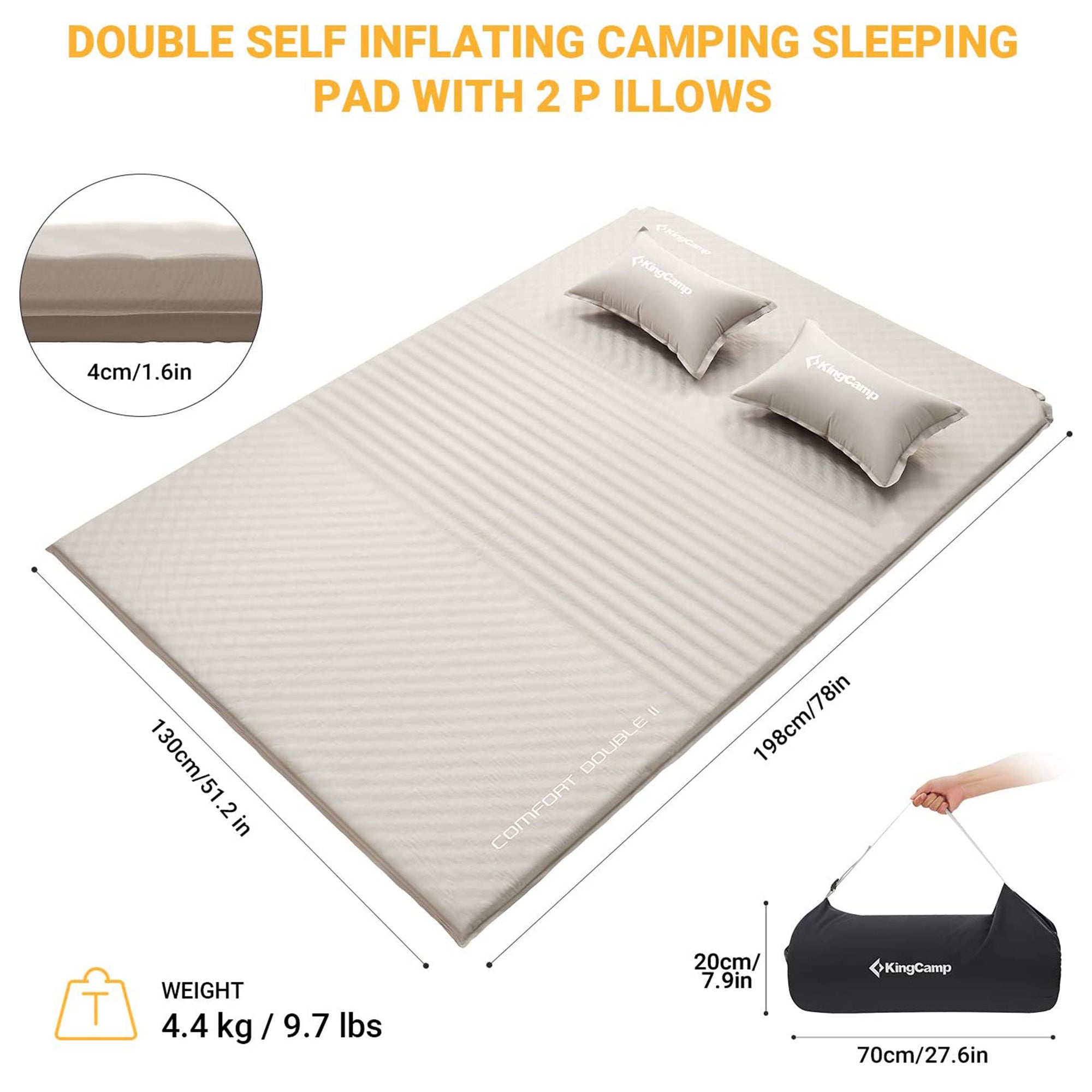 Self-Inflating Sleeping Pad Mat Camping Mattress w/ 2 Pillows, Beige (Open Box) - VMInnovations