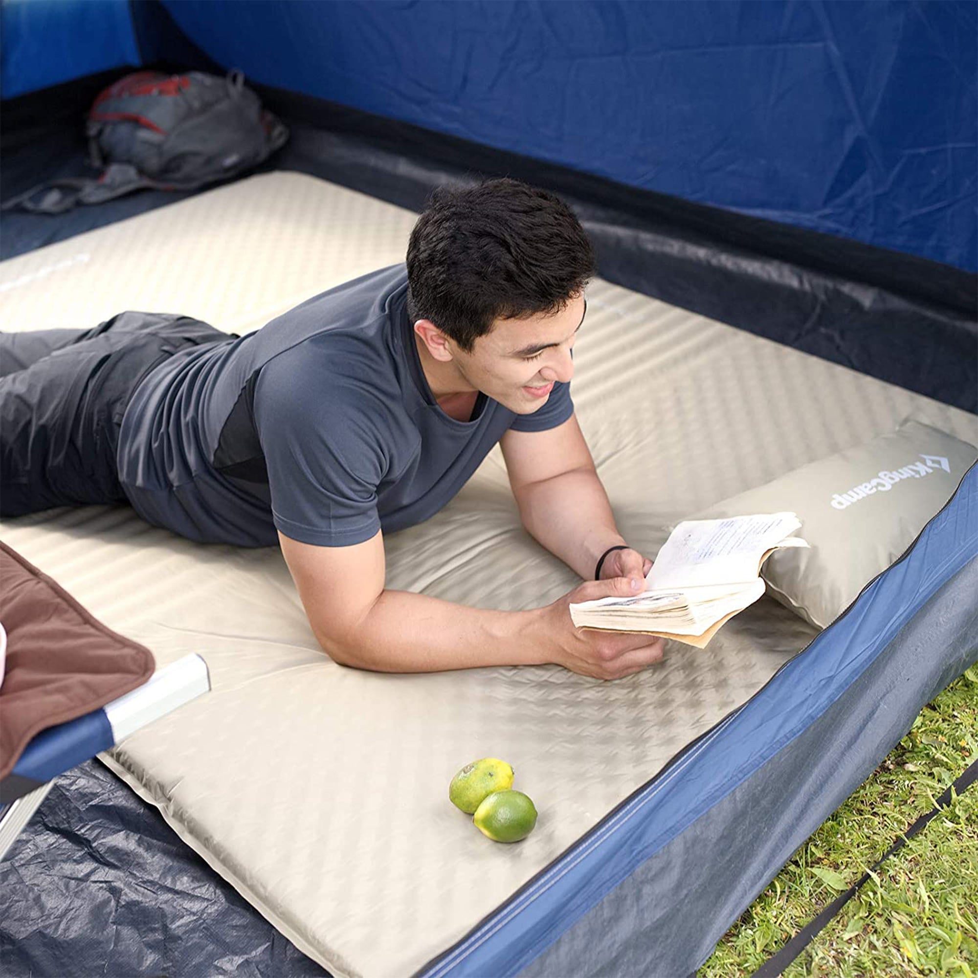 Self-Inflating Sleeping Pad Mat Camping Mattress w/ 2 Pillows, Beige (Open Box) - VMInnovations