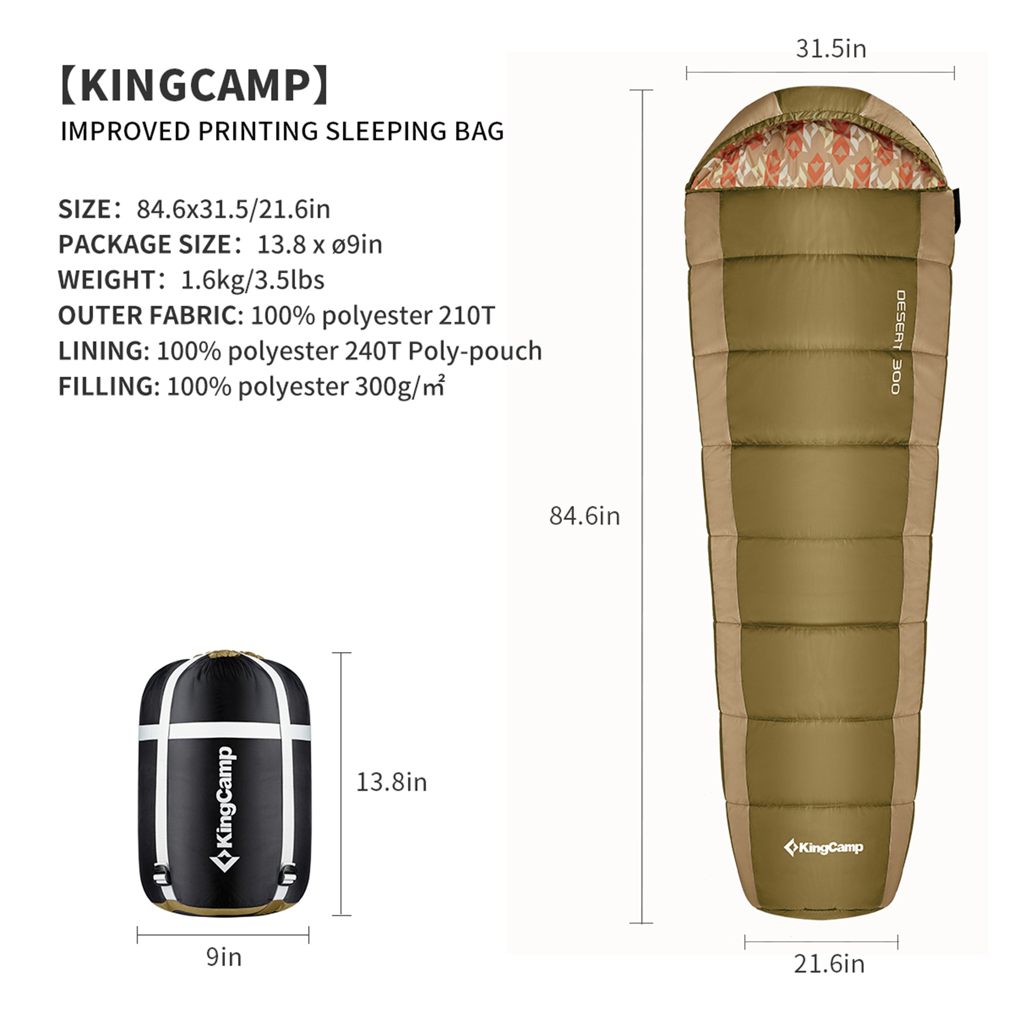 KingCamp Ultralight Warm 3 Season Sleeping Bag w/Compact Compression Sack, Olive - VMInnovations