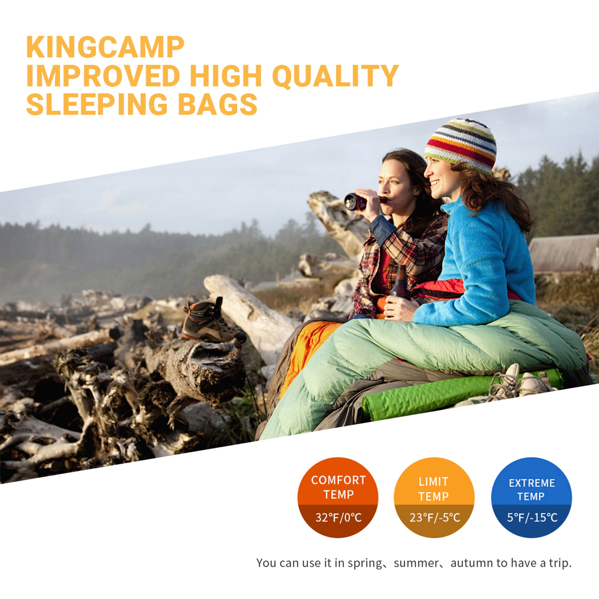 KingCamp Ultralight Warm 3 Season Sleeping Bag w/Compact Compression Sack, Olive - VMInnovations