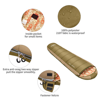 KingCamp Ultralight Warm 3 Season Sleeping Bag w/Compact Compression Sack, Olive - VMInnovations
