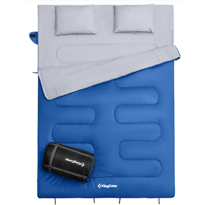 KingCamp 87x59" 2 Person 20 Degree Family Couple Sleeping Bag w/2 Pillows, Blue