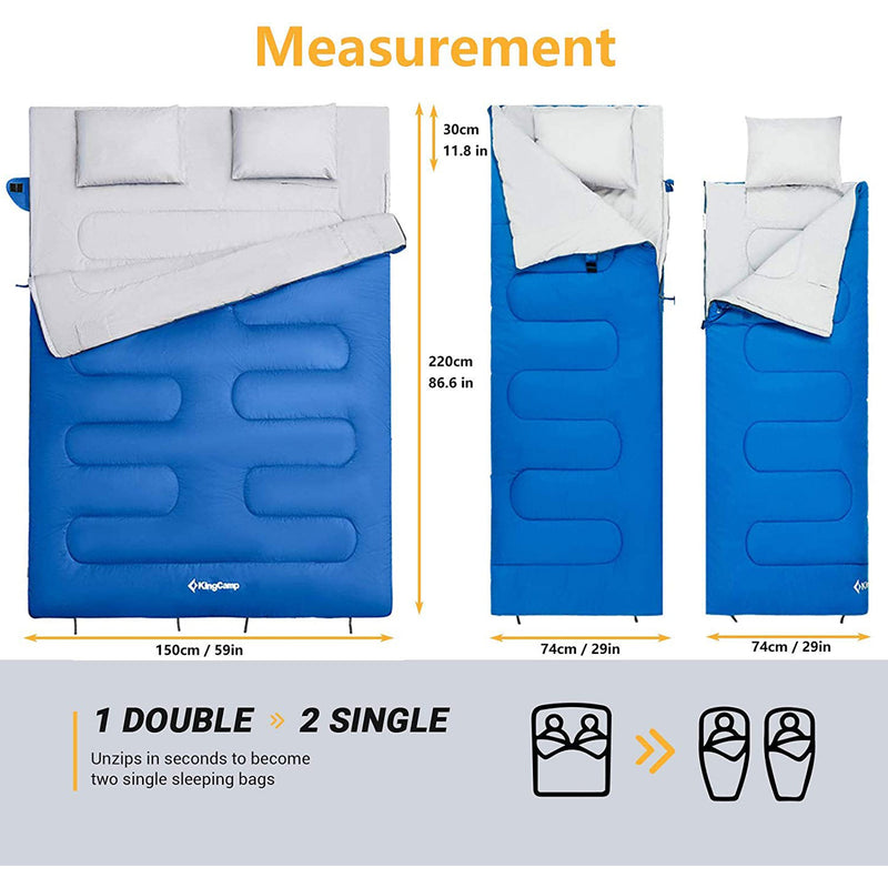 KingCamp 87x59" 2 Person 20 Degree Family Sleeping Bag w/2 Pillows, Blue (Used)